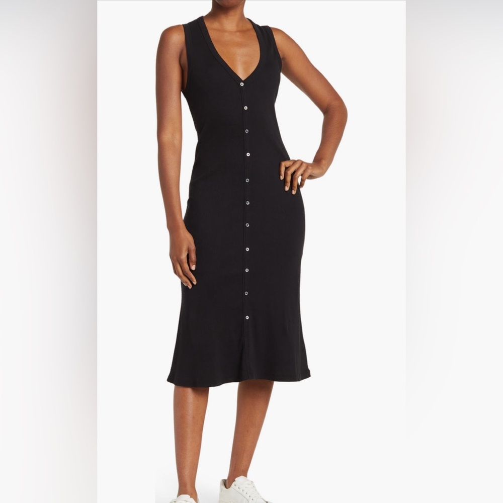 James Perse v-neck button front ribbed tank midi dress black size 2 (US 4-6)